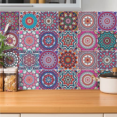 24pcs Mandala Tile Stickers 15x15cm Purple Bathroom Tile Stickers for Kitchen Bathroom Living Room Fireplace Stairs Backsplash Home 6"x6" Waterproof Moroccan Stickers for Tile