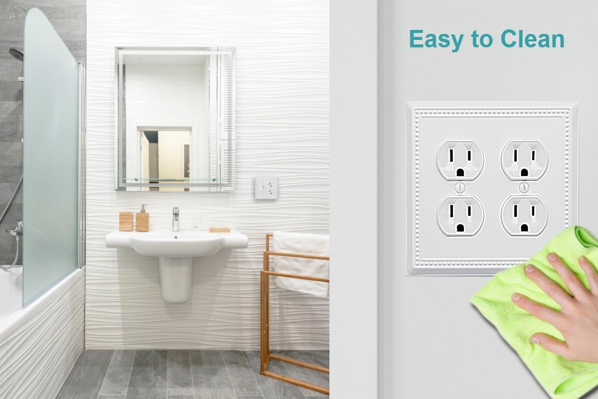 OKAWYC Double Duplex Outlet Light Switch Cover Belaire Beaded Metal Wall Plate, 2-Pack White 2 Gang, for Receptacle Light Switch, Switch Cover Decorative Wallplate, Durable