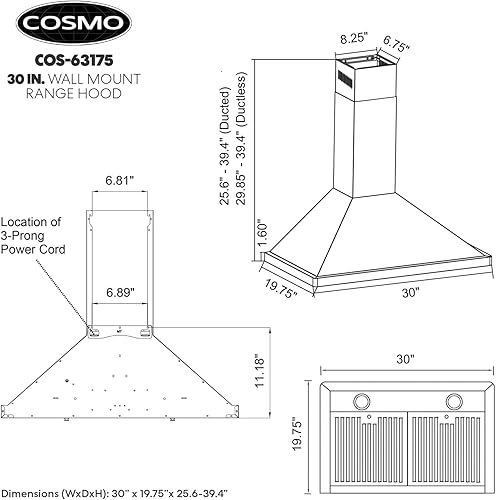 Miniatura 3 de COSMO 63175 Campana extractora de pared de 30 pulgadas con flujo de aire eficiente, canalizado, ventilador de 3 velocidades, filtros permanentes,