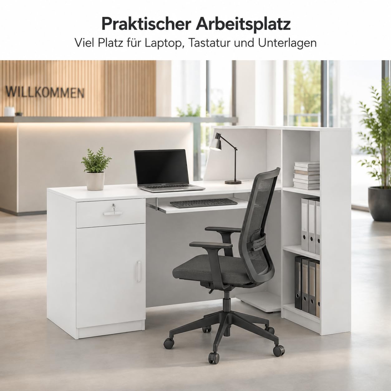 Große Empfangstheke, Empfangstresen, Bürotheke, Rezeptionstisch, Rezeptionstheke mit 1 Schubladen und 2 Einlegeböden, Empfangstheken, Rezeptionstheken mit Tastaturschublade, Weiß, 140 x 100 x 110 cm