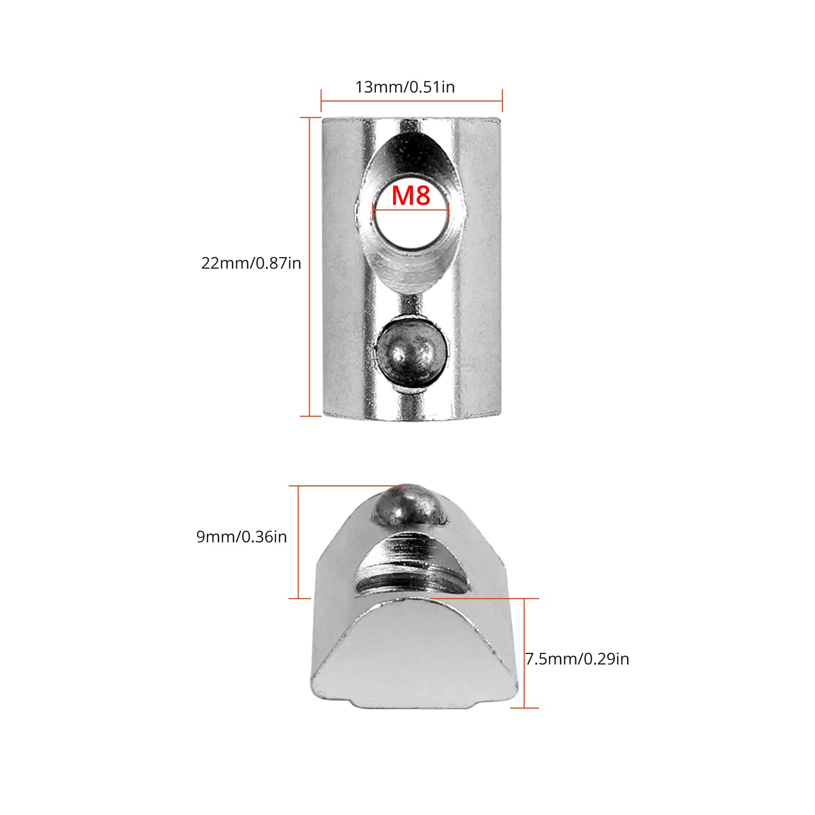 GETLITOOL 100x Nutensteine mit Zentrierung Kugel M8, Aluprofil 4040 Nut 8 Hammermutter, einschwenkbar Nutmuttern mit Kugel schwer Typ I, Stahl verzinkt für Euro-Standard 4040 4080 Aluminium Profilen