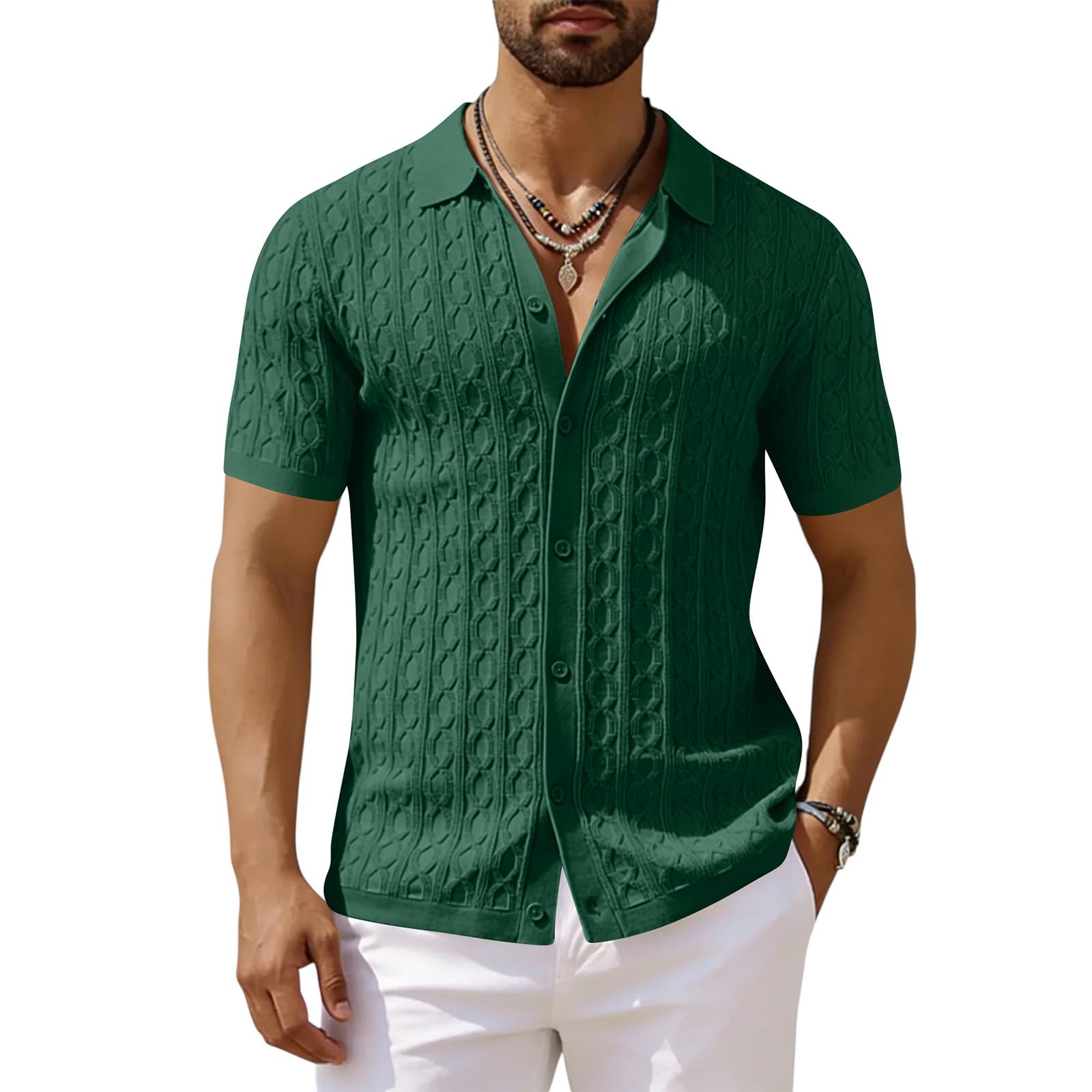 Chemise Homme Manches Courtes Tricotée À Boutons Col Cubain Maille Torsadée Été Haut Décontracté