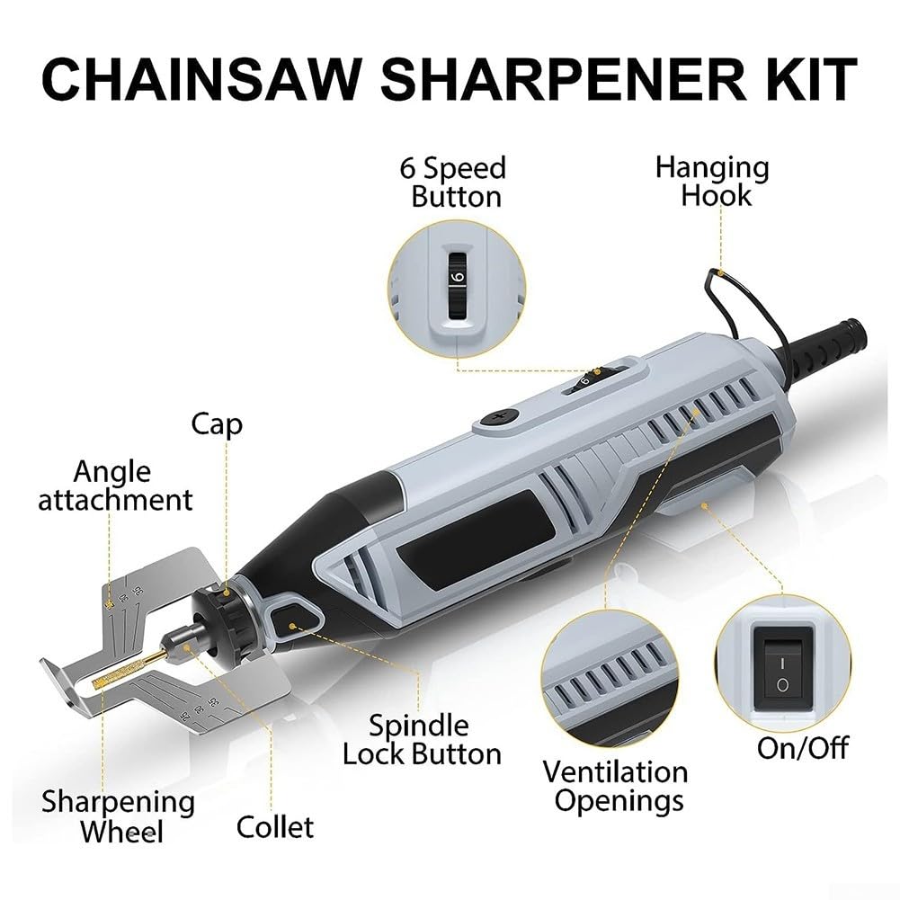 For BEI&HONG Electric Chainsaw Sharpener Kit 180W 6 Speeds Setting 8000-35000RPM Diamond Wheels Chainsaw Chain Grinder Tool for Most Chainsaw Chains Fast Sharpening