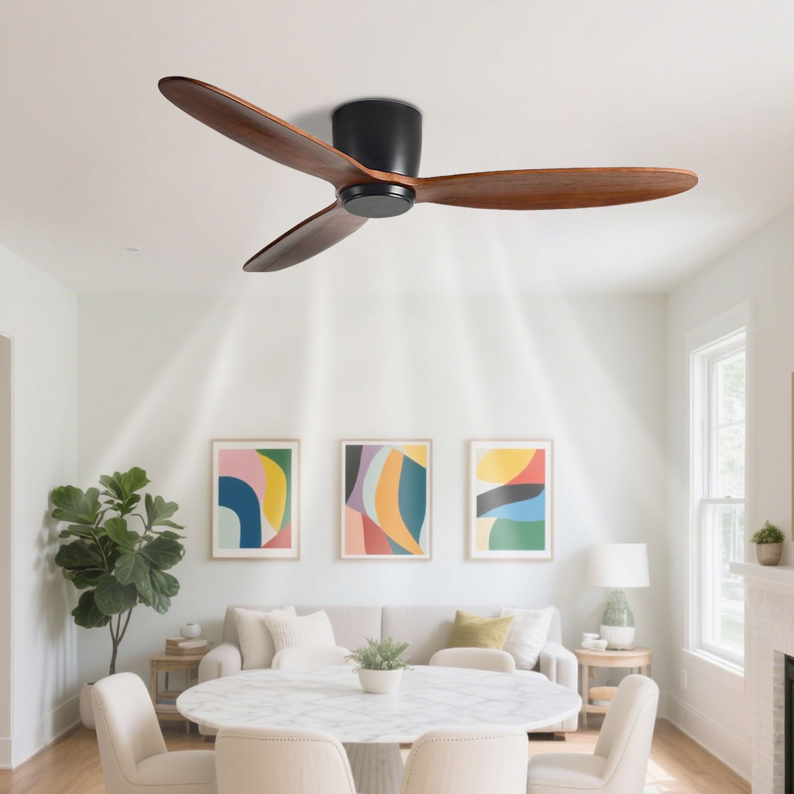 IBalody Low Profile Ceiling Fan Without Lights Flush Mount Ceiling Fans With Remote Control Walnut Wood Ceiling Fan No Light 6 Speeds, 3 Wood Blades For Bedroom Living Room Dining Room