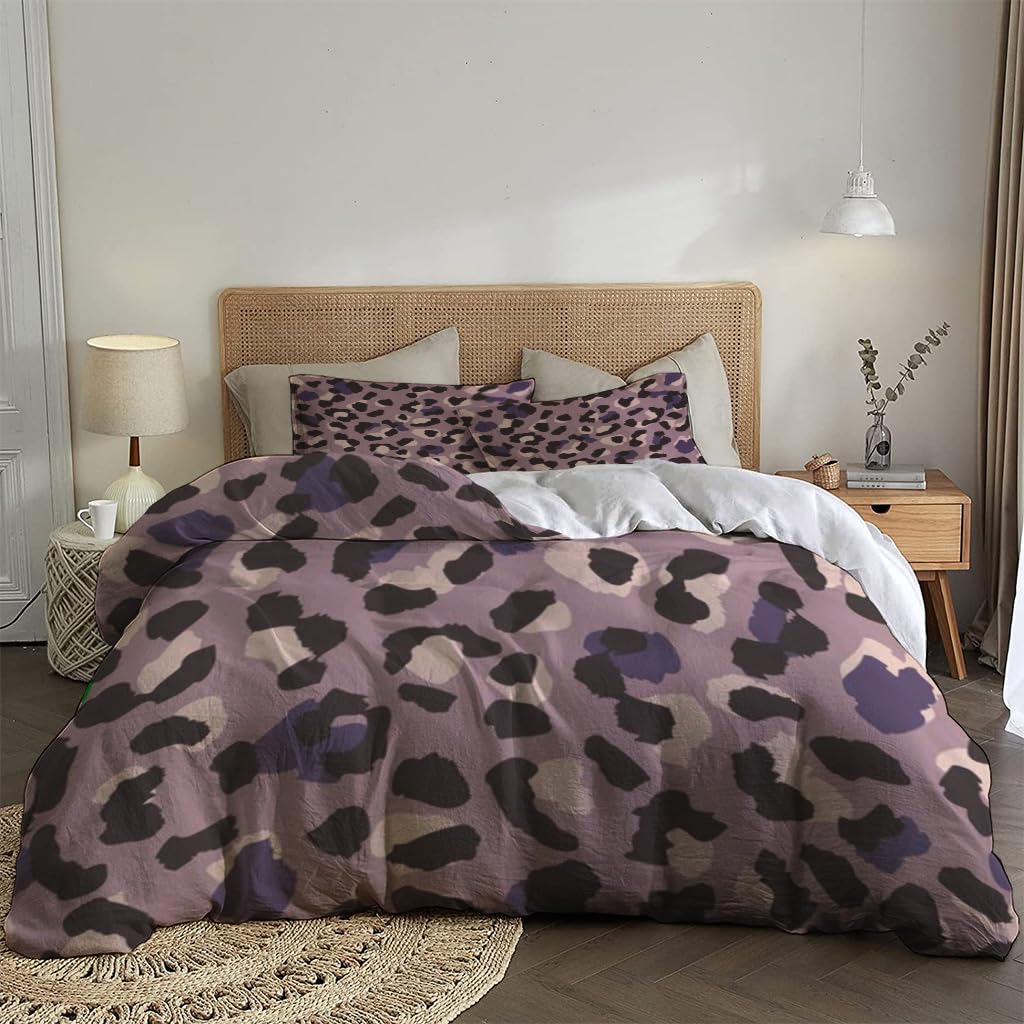 NIBAINLO 布団カバー抽象的なヒョウ柄、紫と温かみのあるピンク色 肌に優しい ピーチスキン加工 掛け布団カバー 和式 洋式 あったか 布団カバーセット リバーシブル ホームステイ ホテル 家庭兼用