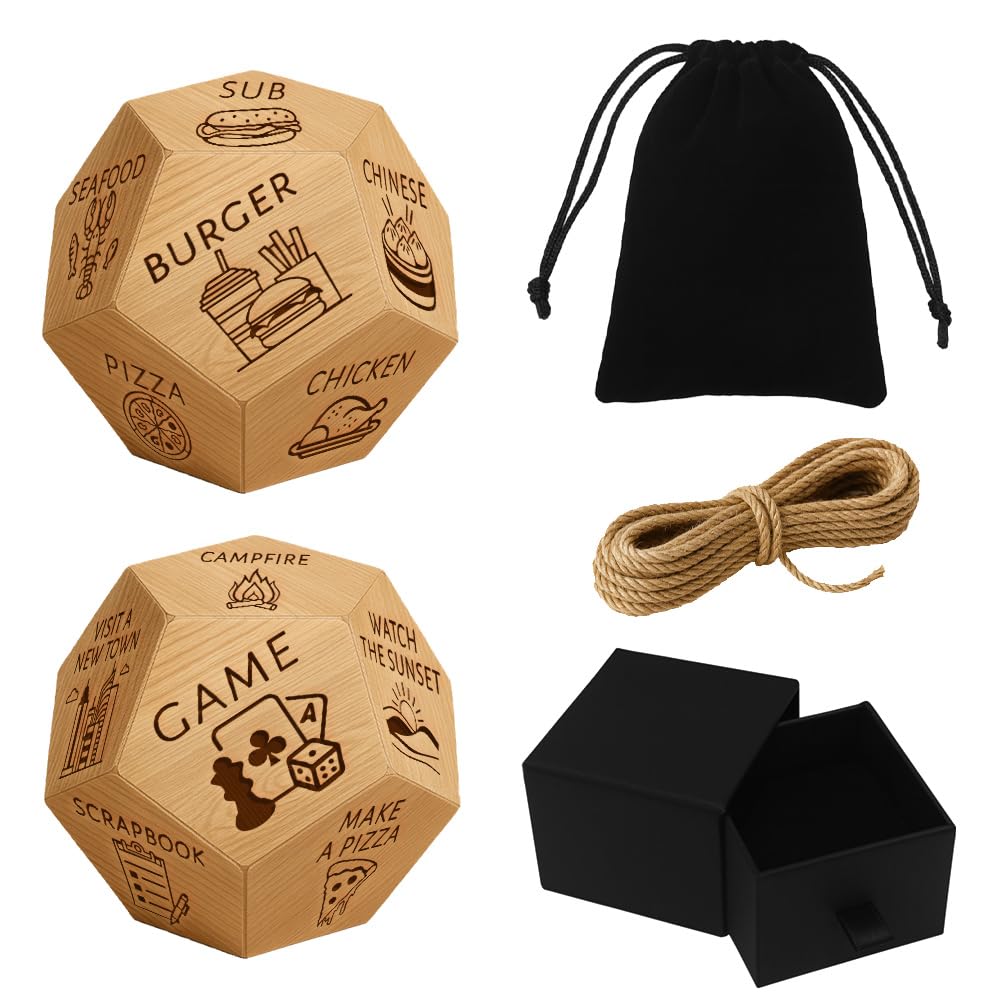 UNICRAFTALE 2Set Wood 12 Types Food and Activity Decision Dice Wedding Gifts Funny Food Dice with Velvet Packing Pouches Cord and Paper Boxes for DIY Valentines Day