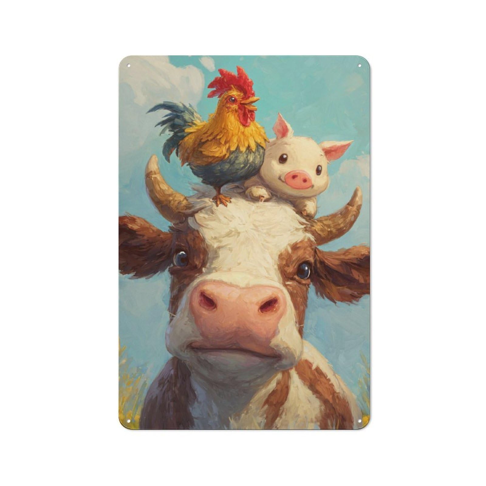 Junmoney Cow, Pig, And Rooster Trio Rustic Tin Sign 30X20cm Featuring For Garage Or Workshop, For Garage, Workshop And Man Cave Decoration