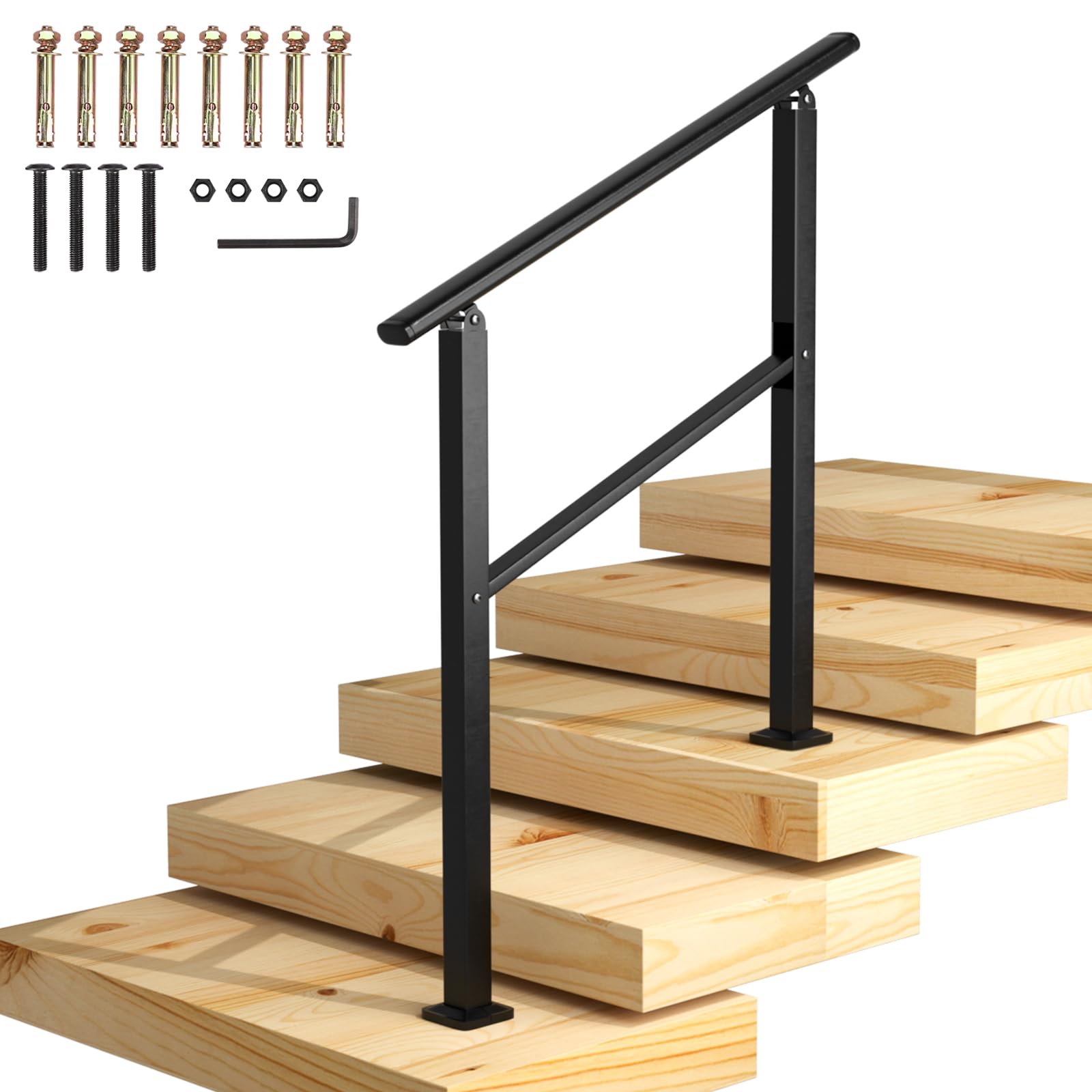 Homtone 90x90cm Treppengeländer, Mattschwarzes Eisen Handläufe für Treppen im Freien Fit 2 bis 3 Schritte Übergangsgänder mit Installationssatz Handlauf Edelstahlschrauben, für Garten, Garage, Veranda
