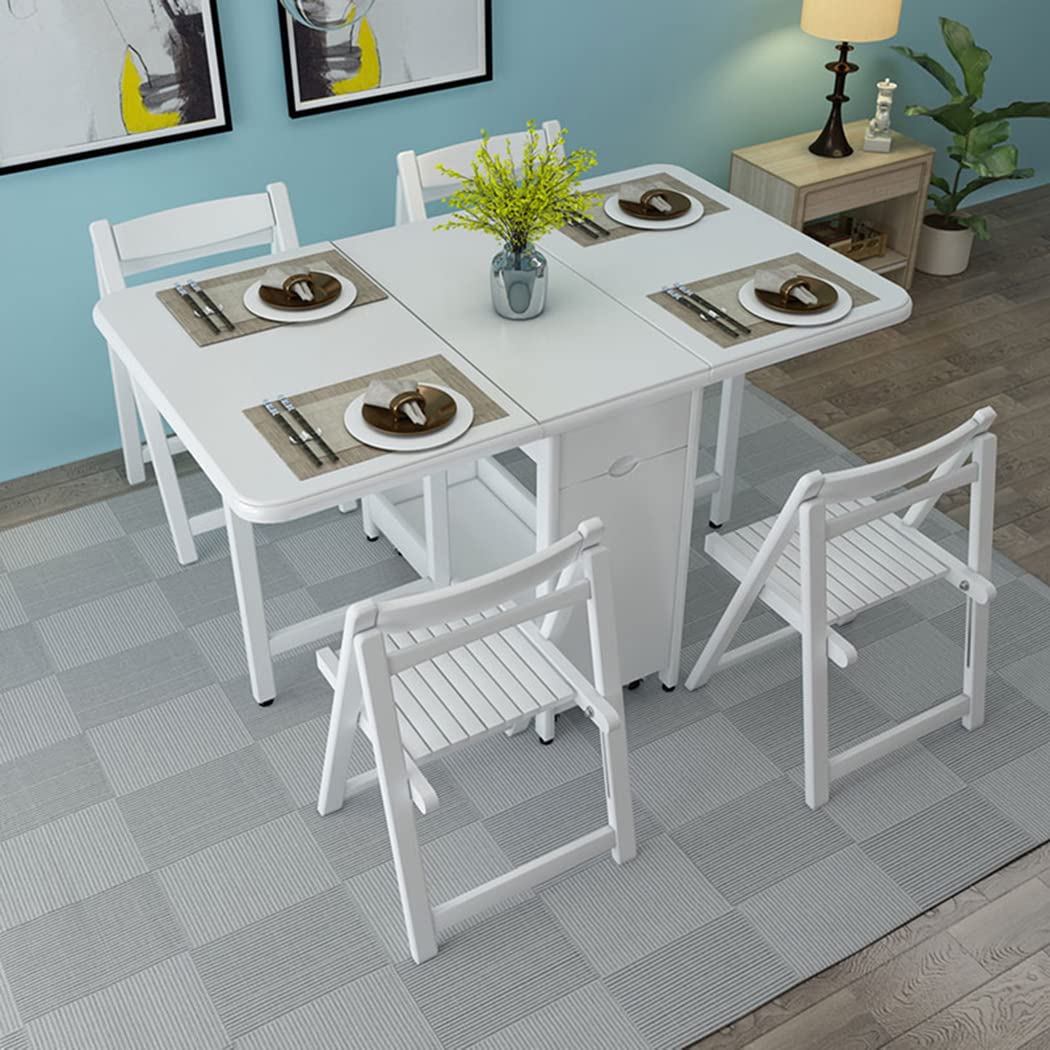 Tavolo e sedia in legno massello, pieghevole, 1,3 m, tavolino con sedia, spazio di archiviazione (1,3 x 0,9 m), tavolo + sedia x 4,bianco)