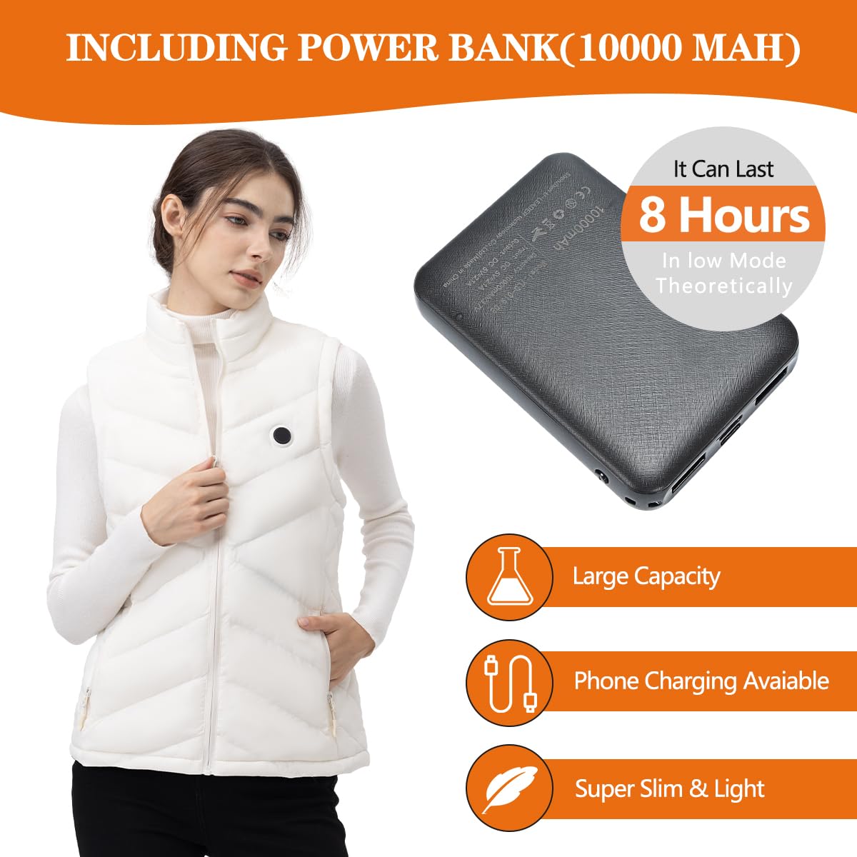 Chaleco Calefactable para Mujer, 5 Zonas de Calor, Batería USB de 10,000mAh, Chaleco Eléctrico Ligero y Cálido para Invierno, Ideal para Actividades al Aire Libre y Clima Frío