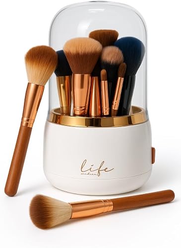 360° Rotating Makeup Brush Holder with Lid | Dustproof Cosmetic Organiser & Storage Pot for Vanity Countertop (White)