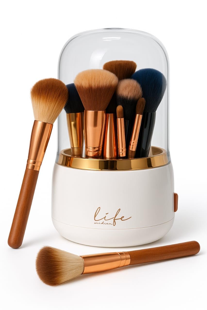 Glamorous Gem 360° Rotating Makeup Organiser Brush Holder with Dustproof Lid, spinning Cosmetic Organiser Acrylic