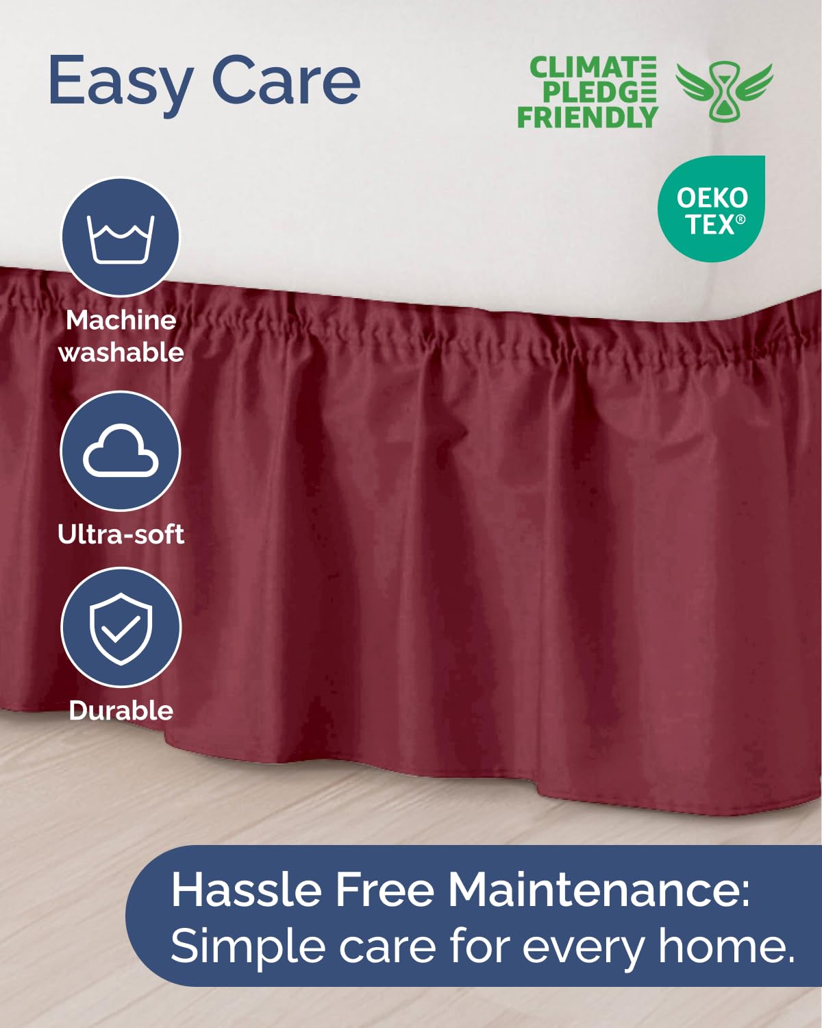 CGK Unlimited Volant de lit plissé en tissu brossé, infroissable, lavable en machine, pour grand lit, hauteur de 38,1 cm, sangle élastique facile à installer, bordeaux