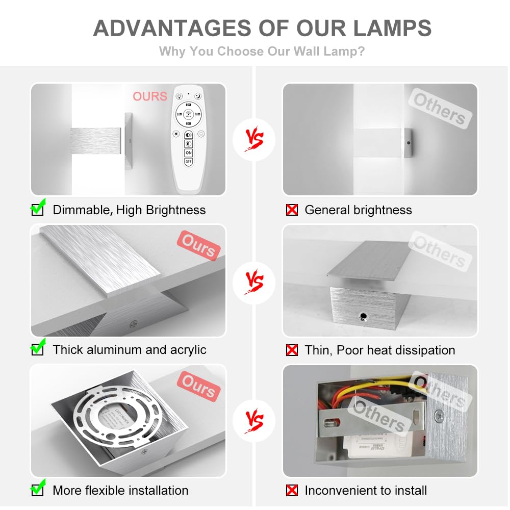 Sytmhoe 2 Stück Wandlampe Dimmbar App-Steuerung Schlafzimmer Wohnzimmer 12W 960LM Acryl wandleuchte innen Mit Fernbedienung, Farbtemperatur veränderbar Led Wandlicht Silber Für Treppen Wohnung Gang