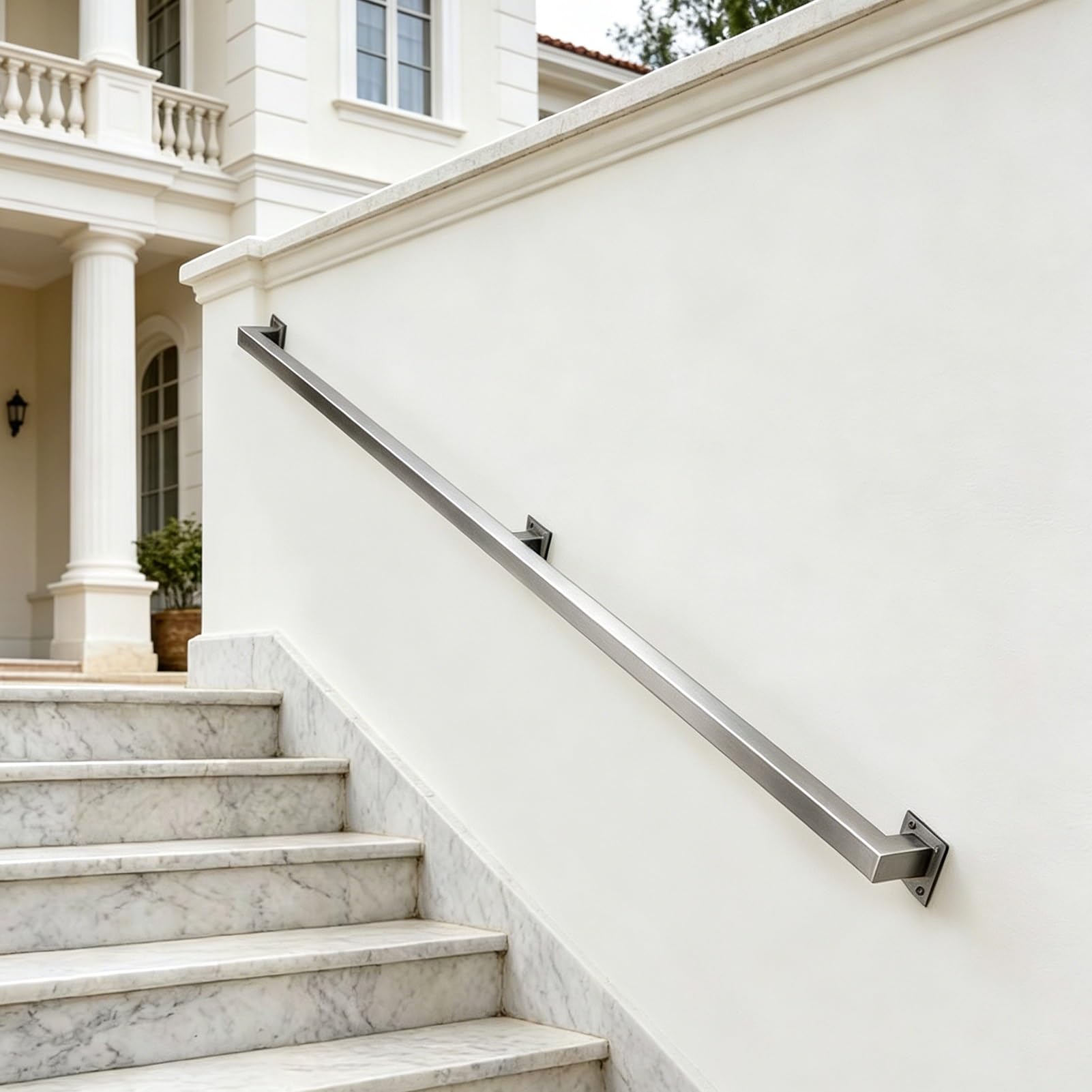 1Ft-20Ft Outdoor Stair Railing, Industrial Safety Stainless Steel Handrails Wall Mount, Silver Banister Rail Square Tube Support Kit for Deck Loft Porch - Easy to Install(15ft/4.5m)