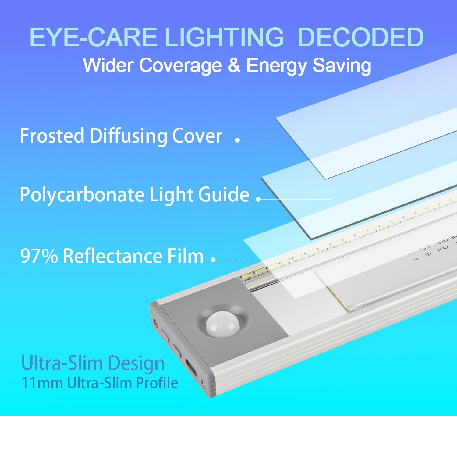 Iluminación LED para debajo del gabinete, luz magnética con sensor de movimiento para interiores, luces de armario recargables de 3200 mAh, luces debajo del mostrador para escaleras de cocina (8