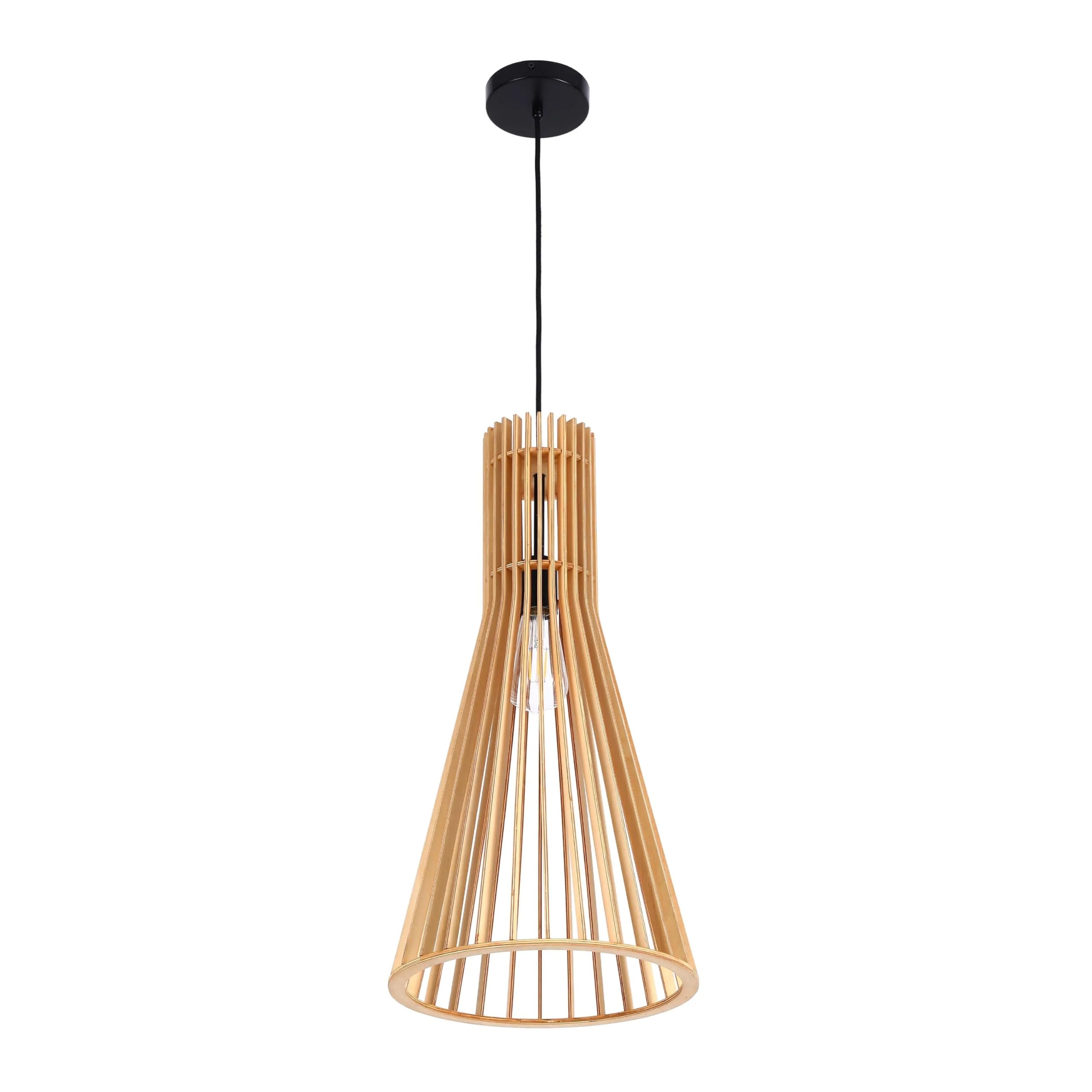 TEKLED Slatted Wood Pendant Light - Tall Conical Hanging Lamp for Hallway, Modern Scandi Design E27 Timber Ceiling Fixture