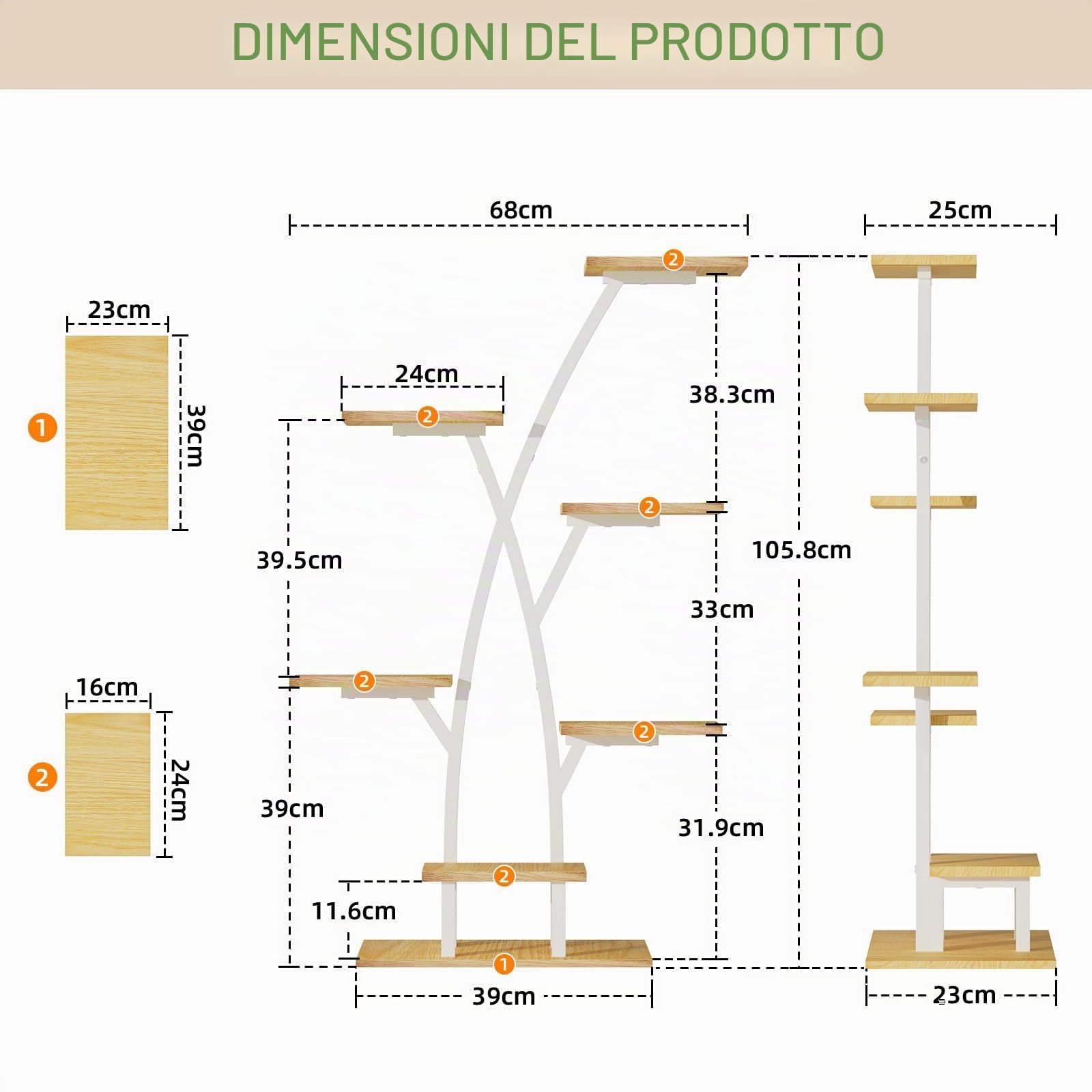 BACEKOLL Supporto per piante con luce di crescita, 7 livelli, 105 cm, in metallo e legno, per interni ed esterni, per interni, giardino, balcone (bianco)