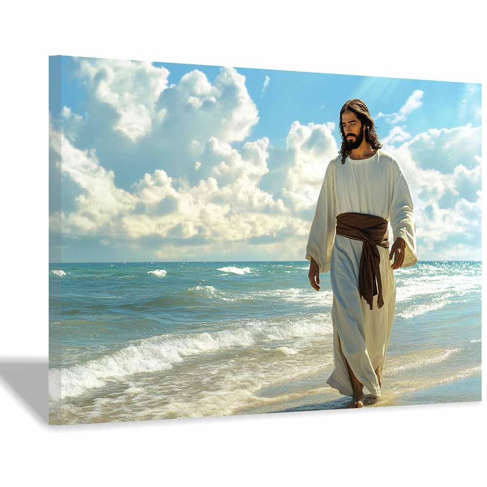 ZAMAEIU Christians Spiritual Wall Decor Pictures Beachs Walk Painting Print, Religions Poster Artwork for Living Room Bedroom Church Home Decor(white0)-30x50cm Framed