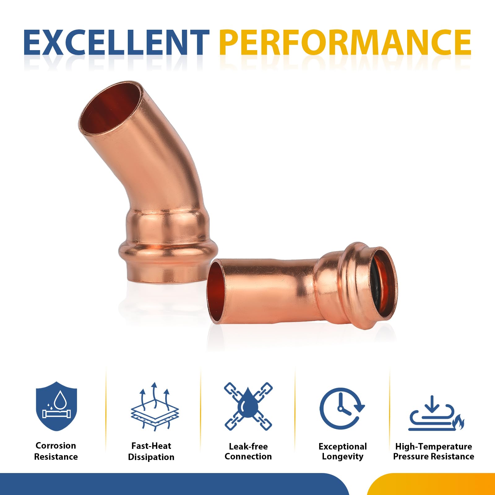 (Paquete de 30) Conectores de Codo de Calle GUOFIS Copper Press LF, Codo de 45 Grados de Ajuste a presión de 1" FTG x 1" para conexión de tubería de Cobre (PRESS039-30Pack)