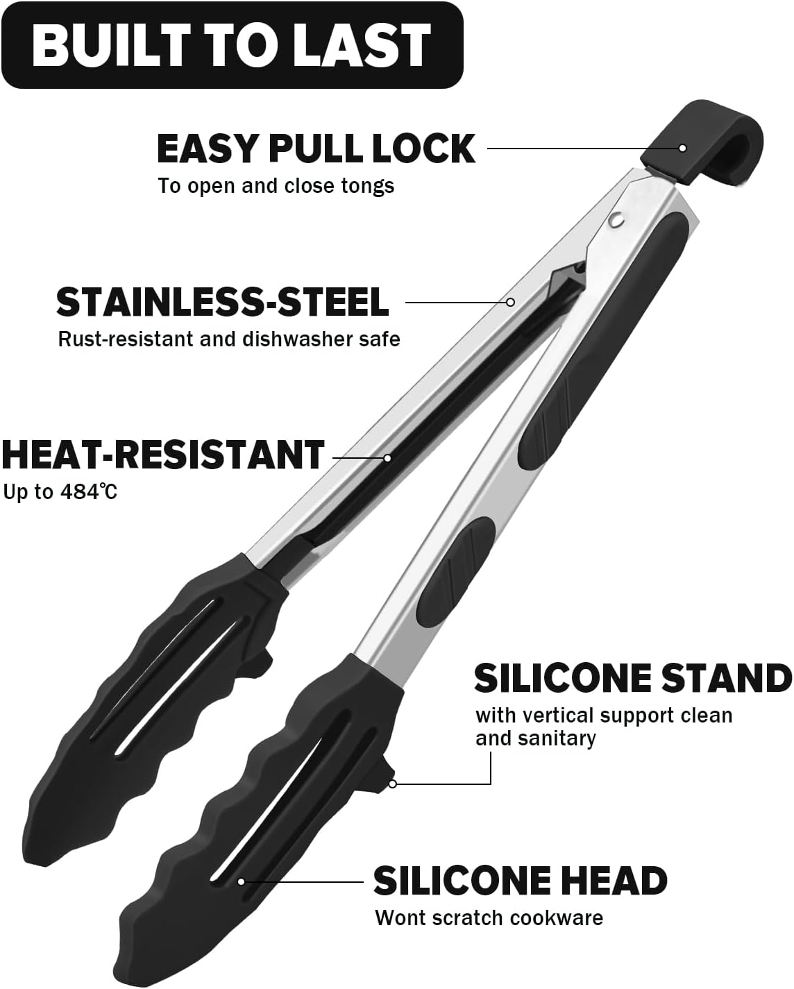 Stainless Steel Kitchen Tongs with Silicone Tips, 2 Pack-9" and 12" (Black)