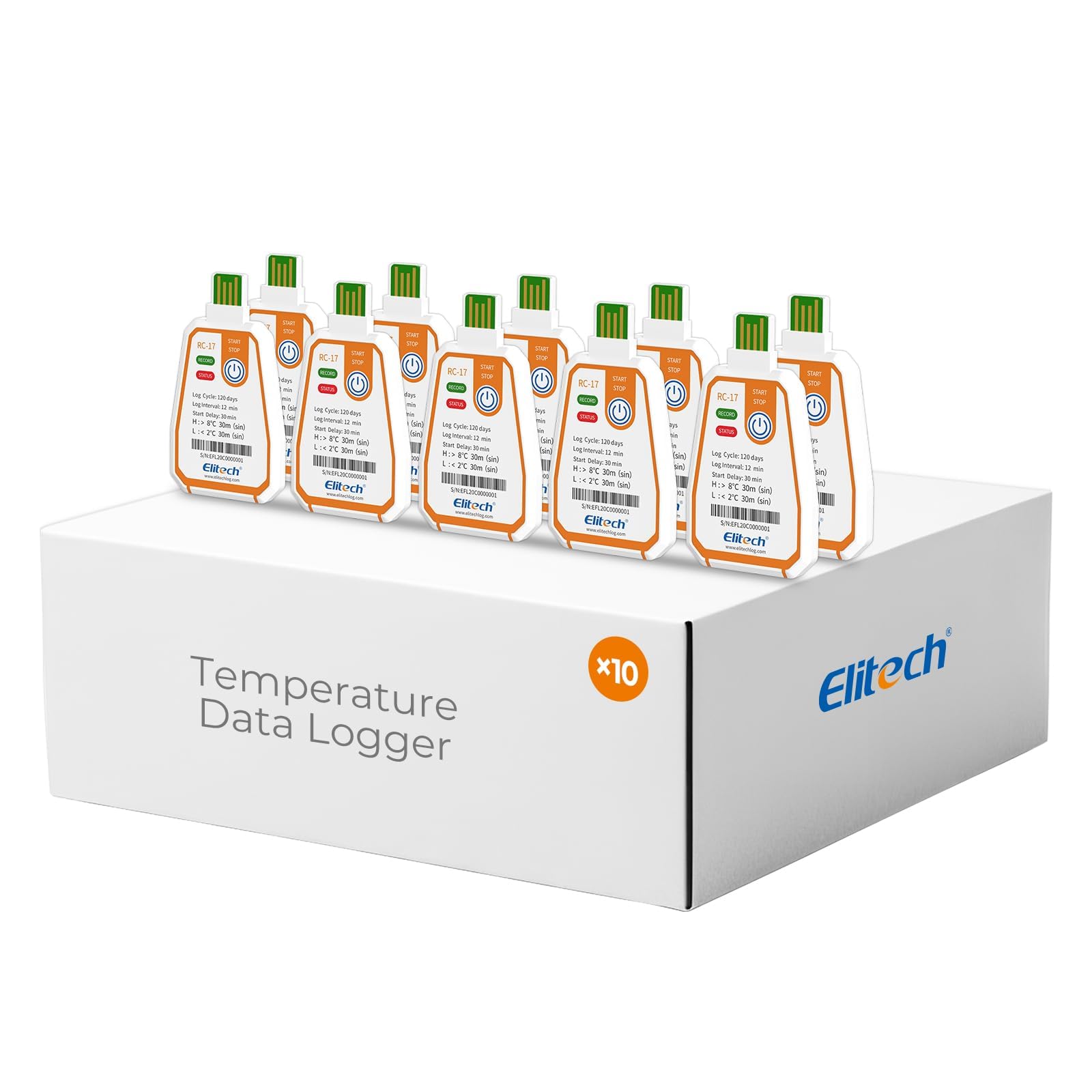 Elitech 10 Pack RC-17 Einweg-Temperaturlogger USB 180 Tage Daueraufzeichnung 16000 Datensätze für Lebensmittel Medikamente & Impfstoff-Kühlketten Alarmfunktion,IP67 Wasserschutz
