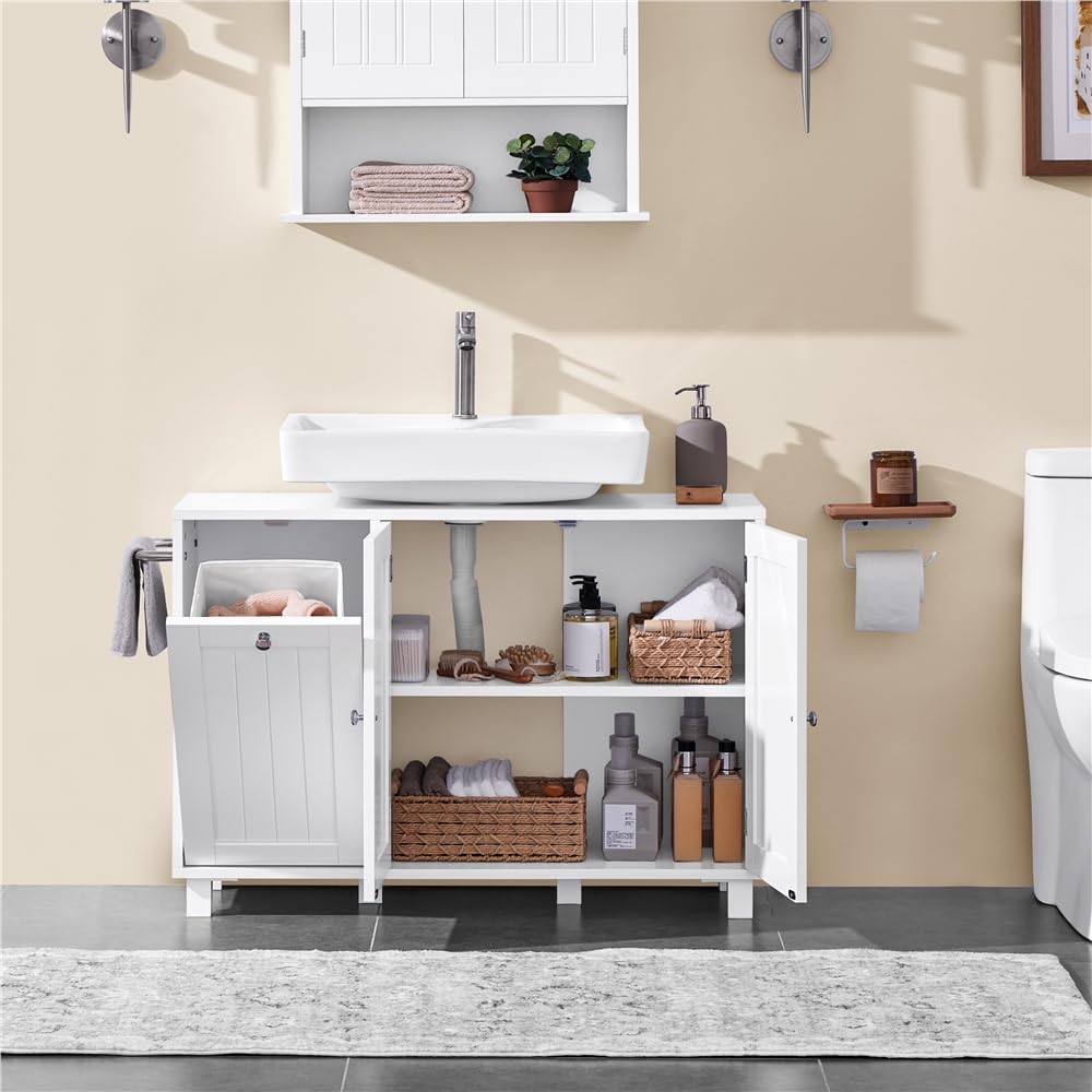 Yaheetech 2 Mueble Bajo Lavabo con Cestos para Ropa Sucia Mueble Baño sin Lavabo con 1 Bolsa Interior Extraíble 90x30x62,5 cm 2 Puertas Armario de Almacenamiento Blanco