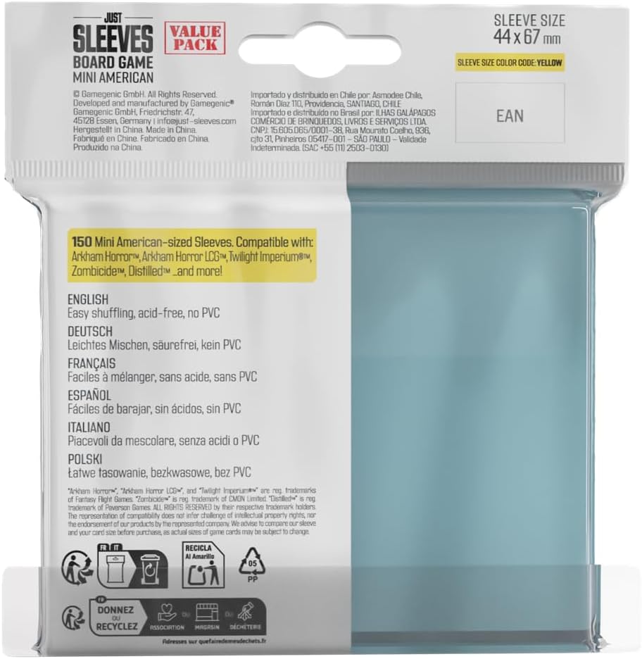Gamegenic Just Sleeves - Mini American Value Pack (150 Pack), 46×71 mm Card Sleeves, Cost-Effective Protection Compatible with Prime Yellow Size, Entry-Level Clear Sleeves