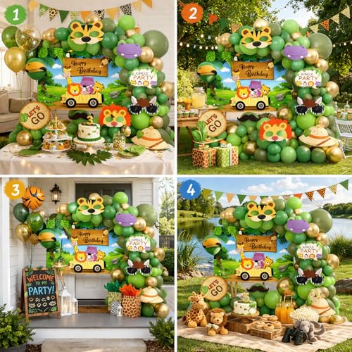 Image of Rozi Decoration Jungle Theme Birthday Decoration Kit Set of 63 Pcs with Banner Flex Backdrop, Green Balloon Garland Kit, Photo Booth Props, Glue Dots and Arch for Kids Safari Theme Birthday Decoration