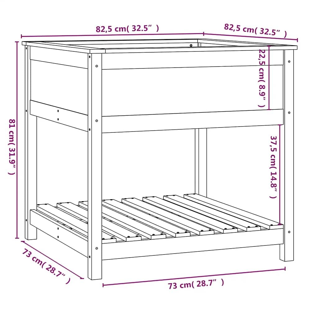 Pflanzkübel Weiß 82,5x82,5x81 cm aus massivem Kiefernholz, Blumentopf groß mit Ablage, ergonomisches Hochbeet für Balkon, Terrasse und Garten