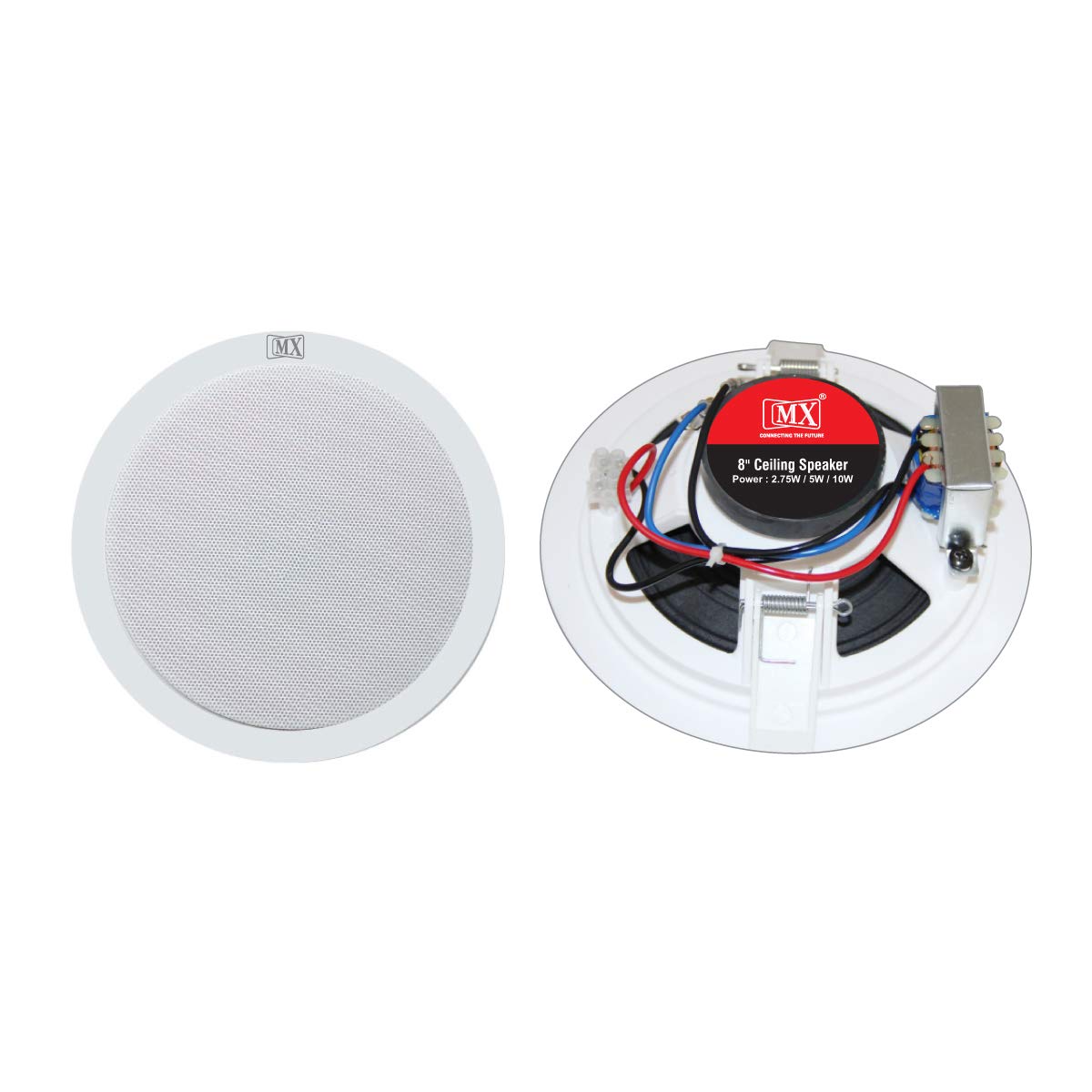 MX 8″ Ceiling Speaker with Built-in Crossover – 2.75 W / 5 W / 10 W, 100 V Line, 93 dB Sensitivity, 100 Hz–15 kHz, Spring-Clip Flush-Mount, White ABS Grill”