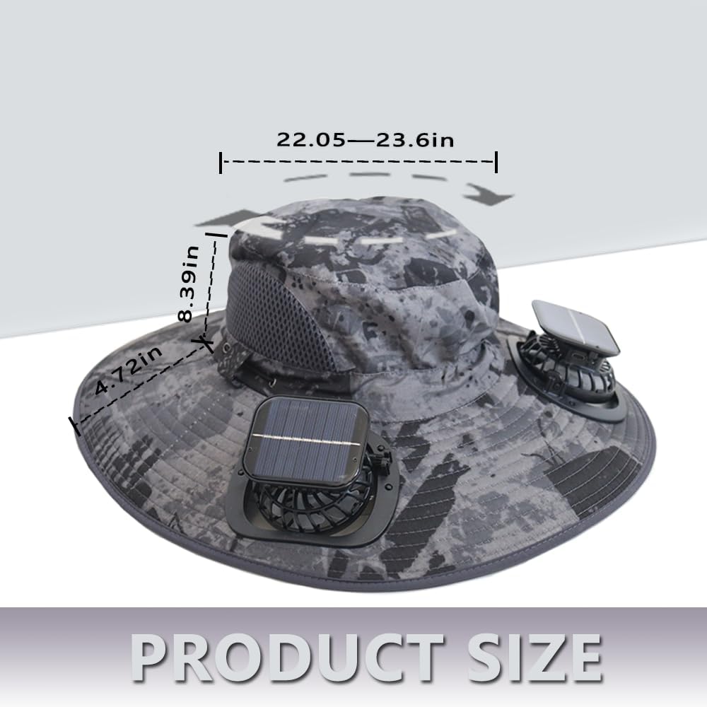 Solar Fan Hat Rechargeable 2Detachable Solar Fans,Water-Repellent Wide Brim Bucket Hat, Outdoor Camping Hiking Golf Sun Hat