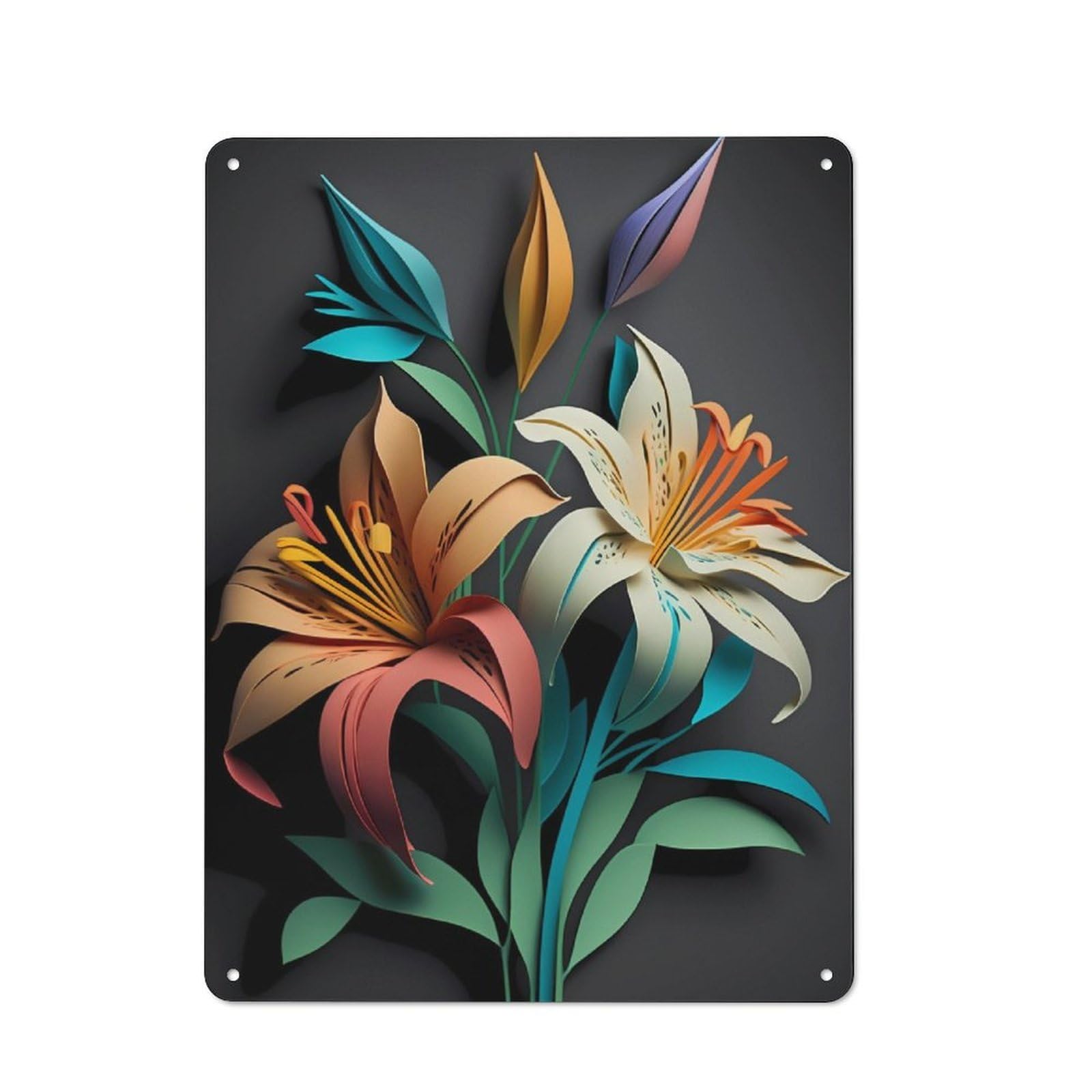 Junmoney Lilies Flowers Paper Art Printed Metal Sign 40X30cm For Pub Or Café, With Clear Industrial Wall Decor Character