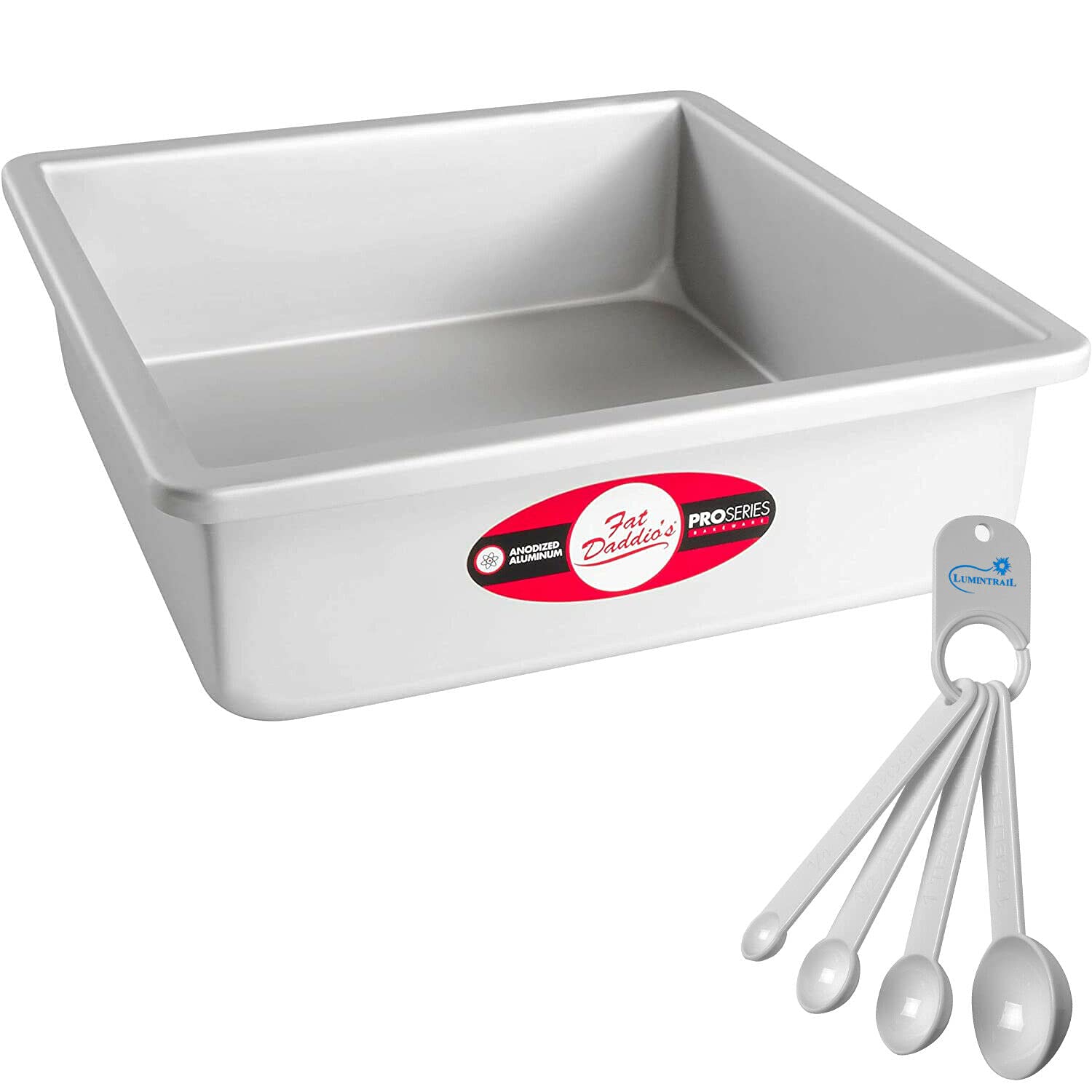 Lumintrailx Fat Daddios Square Cake Pan, 9 x 3 Inch, Silver, with a Lumintrail Measuring Spoon Set ,(PSQ-993)