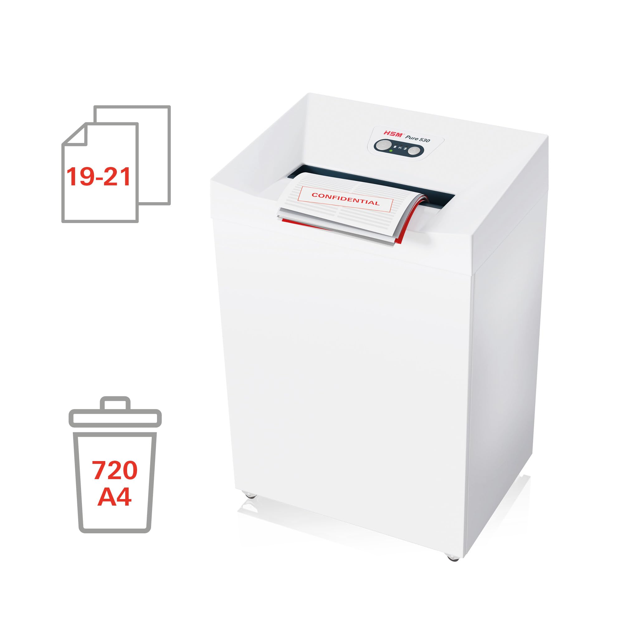 HSM-2350111 Pure 530 - Destructeur de documents, degré de sécurité P-2, 21 feuilles (coupe en bandes)