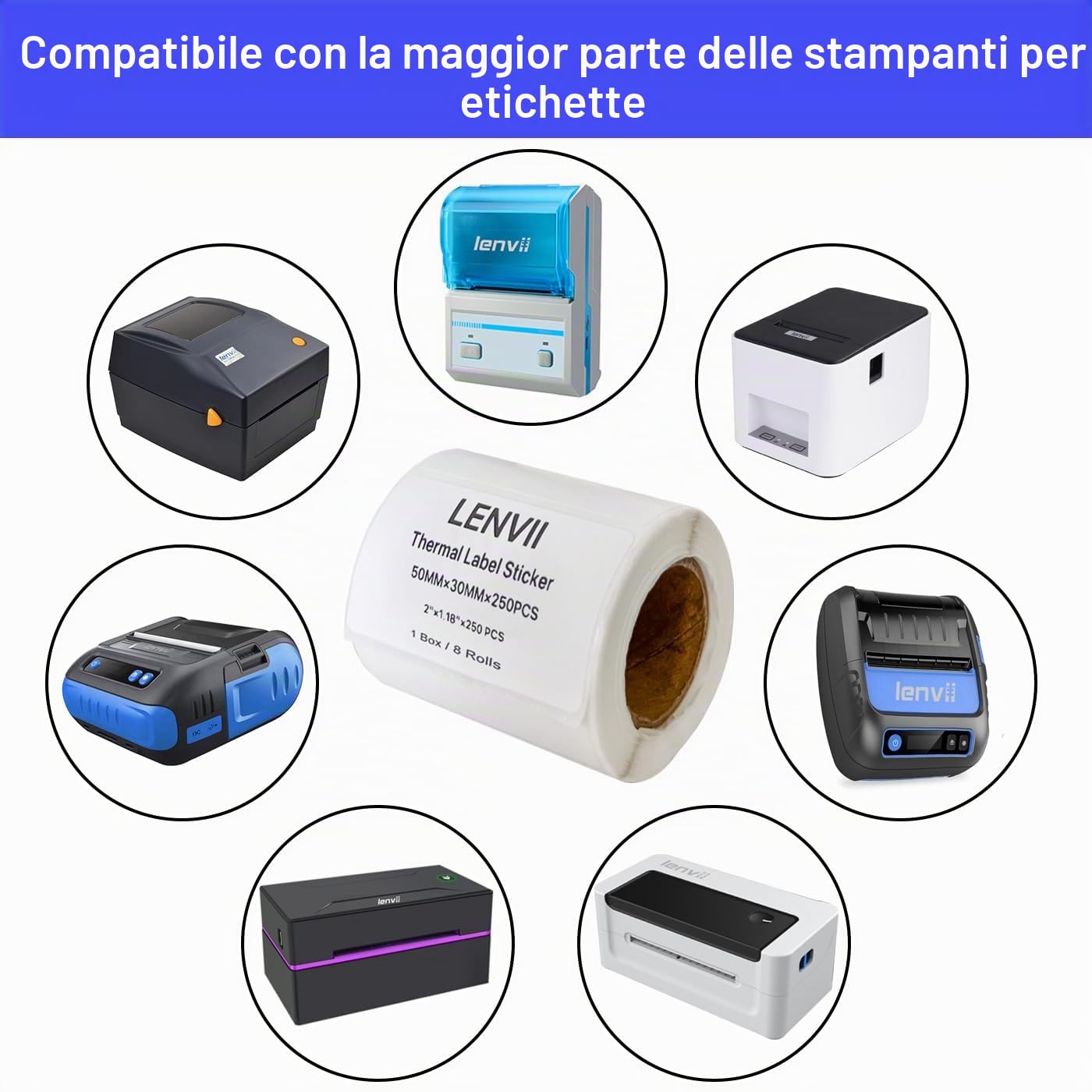 LENVII Etichetta adesiva termica, etichetta autoadesiva multifunzionale, adatta per stampanti di etichette portatili e desktop (50 × 30 mm（8 Rolls）)