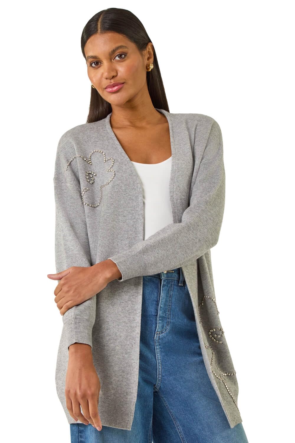 Roman Originals Floral Embellished Knit Cardigan for Women UK - Ladies Everyday Autumn Winter Comfy Soft Evening Vacation Work Party Night Out - Grey - Size 14