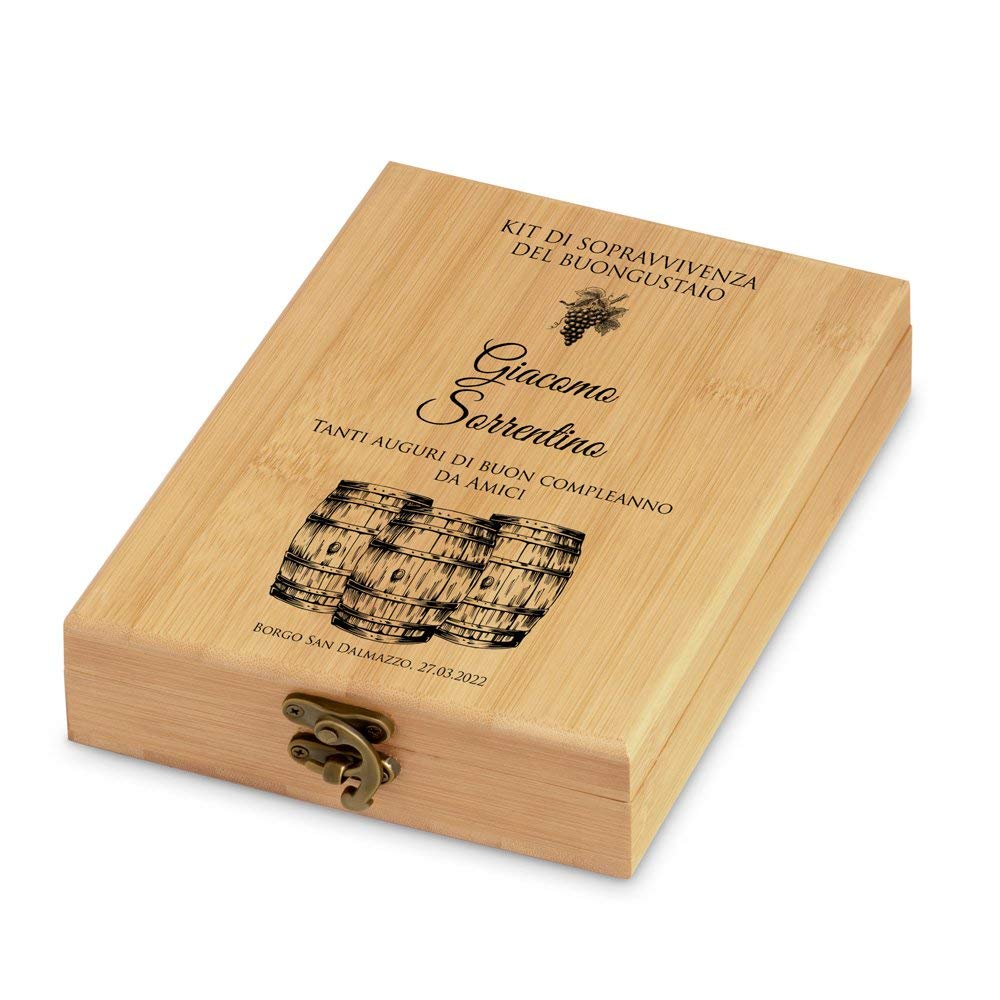 Maverton Set Cavatappi da Vino - Kit da Sommelier Degustazione Perfetta Personalizzato - Scatola in Legno di bambù + 4 Pezzi di Accessori Vino - Regalo Uomo - Regalo di Natale - Kit di buongustaio
