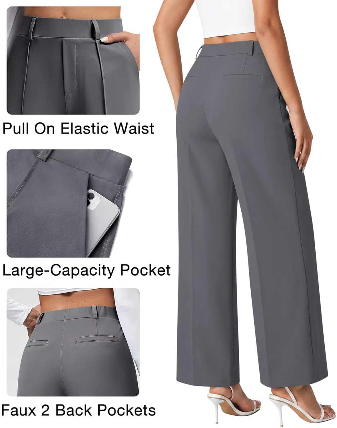OULESlS Dress Pants for Women Work Pants Wide Leg Pull On Stretchy Business Casual Trousers High Waisted Slacks with Pockets - Image 4