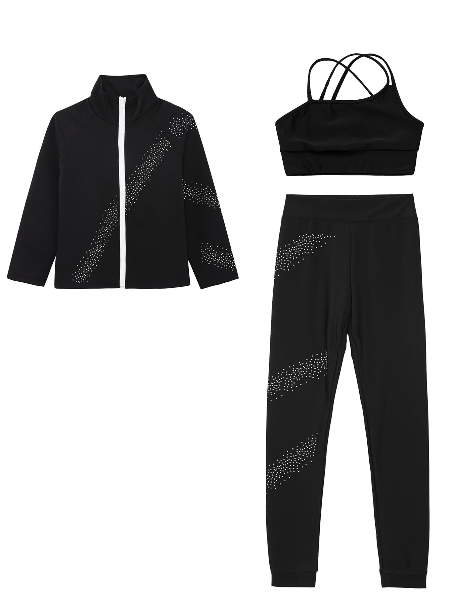 TiaoBug Enfant Fille Survêtement de Sport Veste Manches Longues Strass et Débardeur et Pantalon Legging Sport Ensemble Patinage Artistique Costume Compétition 5-14 ans