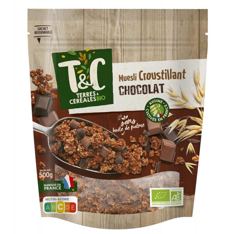 Muesli Croustillant Au Chocolat Bio 500G TERRES ET CEREALES - Petit-Déjeuner Équilibré et Bio pour une Journée Saine et Gourmande! - Le Lot De 3