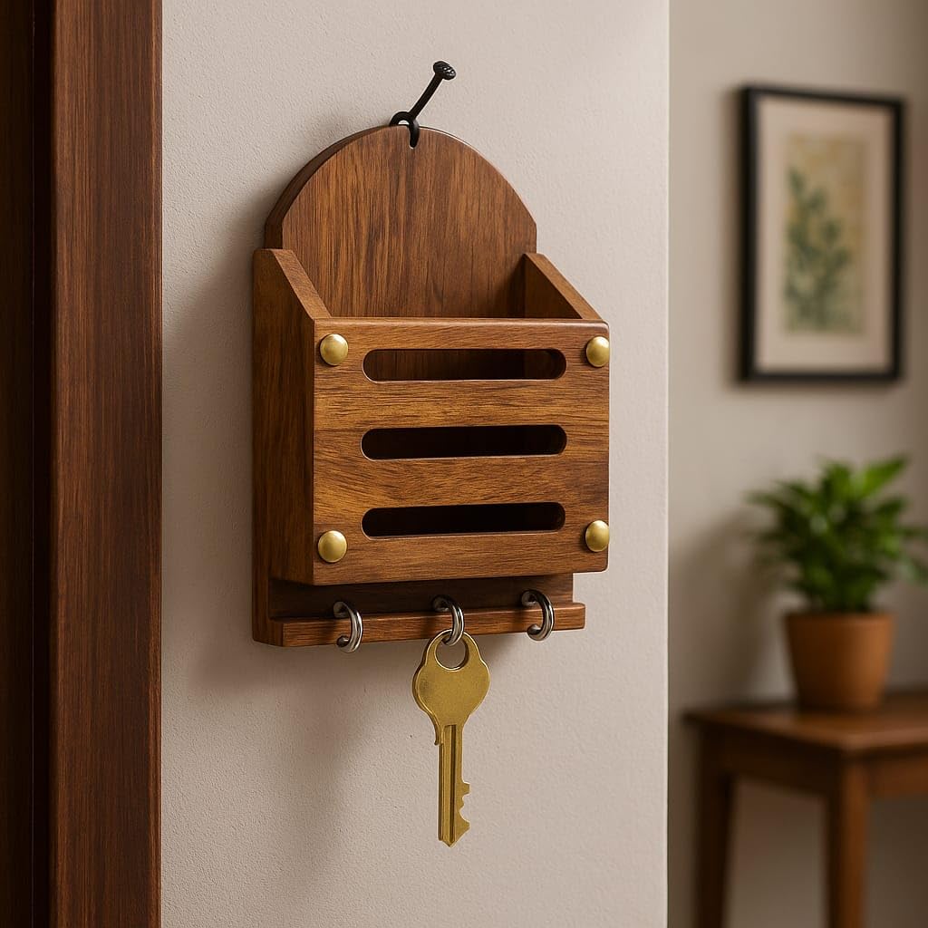 Wooden Wall Mounted Mail Organizer with Key Holder, Brown Oak Finish, 3 Slot Letter Sorter with Hooks (Brown)-image-10