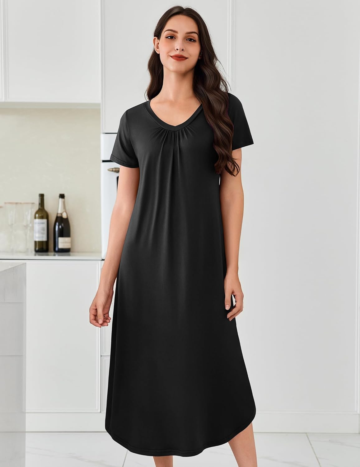 Ekouaer 3 Pack Long Nightgowns for Women Plus Size House Dress Short Sleeve Night Gown V Neck Casual Nightshirt M-5XL - Image 3