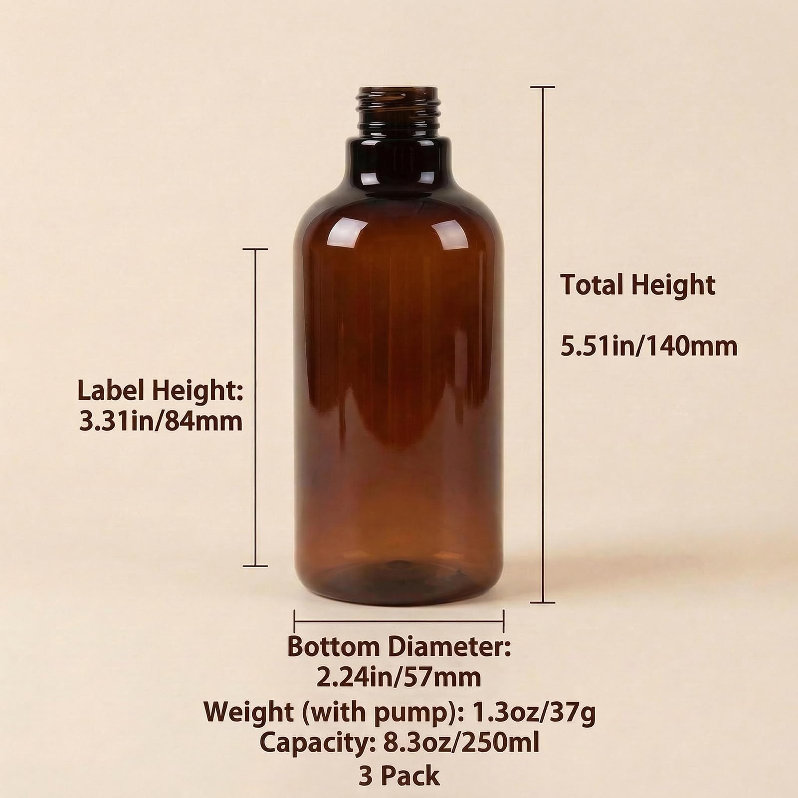3 bottiglie ricaricabili in plastica PET marrone ambrata da 250 ml, con pompa nera, contenitori vuoti per cosmetici, shampoo, balsamo, gel doccia, lozioni, dispenser, Marrone, 250 ML