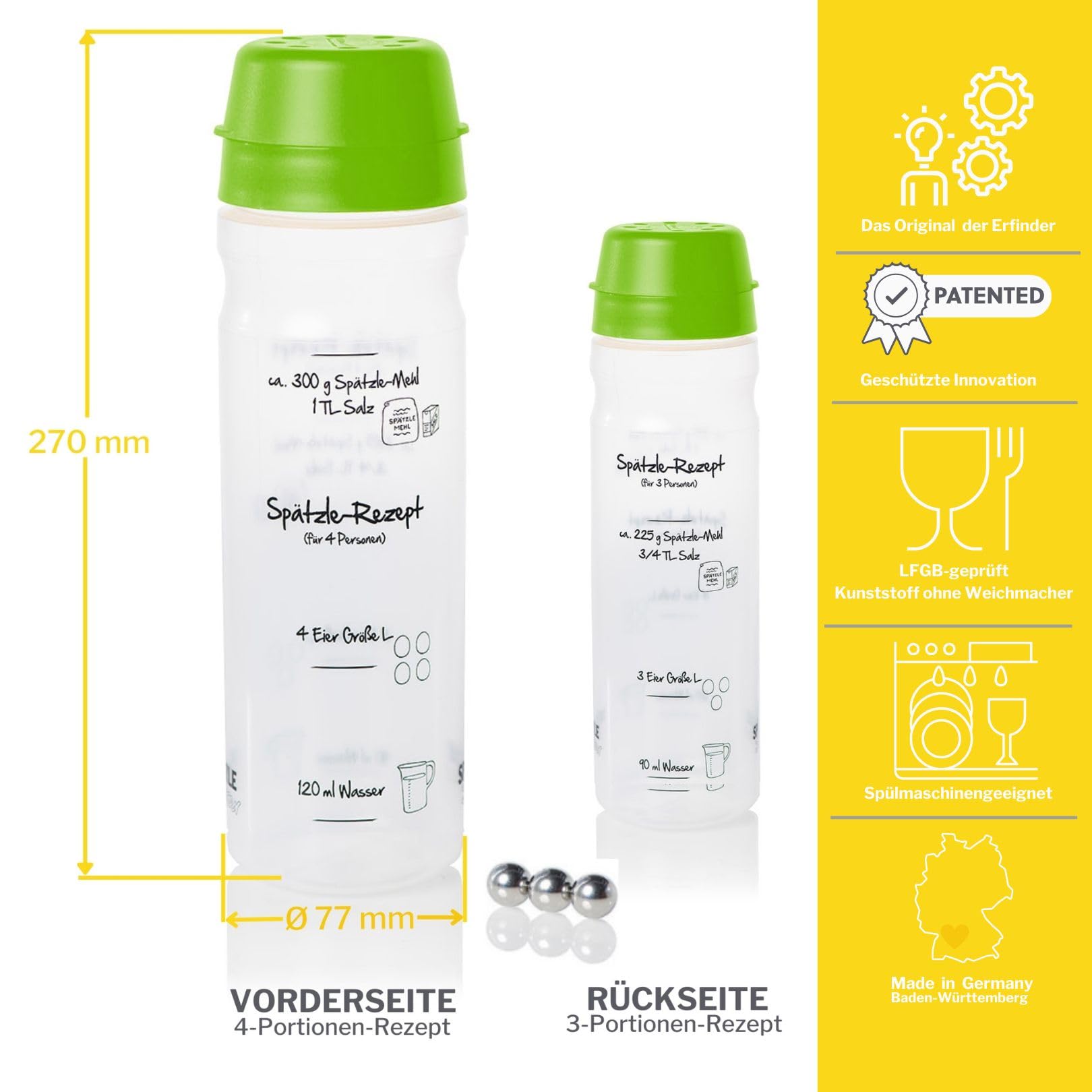 FOOD-SHAKER-SET mit 875ml-Pfannkuchen-Shaker + 4-Portionen-Spätzle-Shaker Teigmixer mit Spätzlepresse und Portionierer Patentiert Made in Germany in der Farbe GRUEN