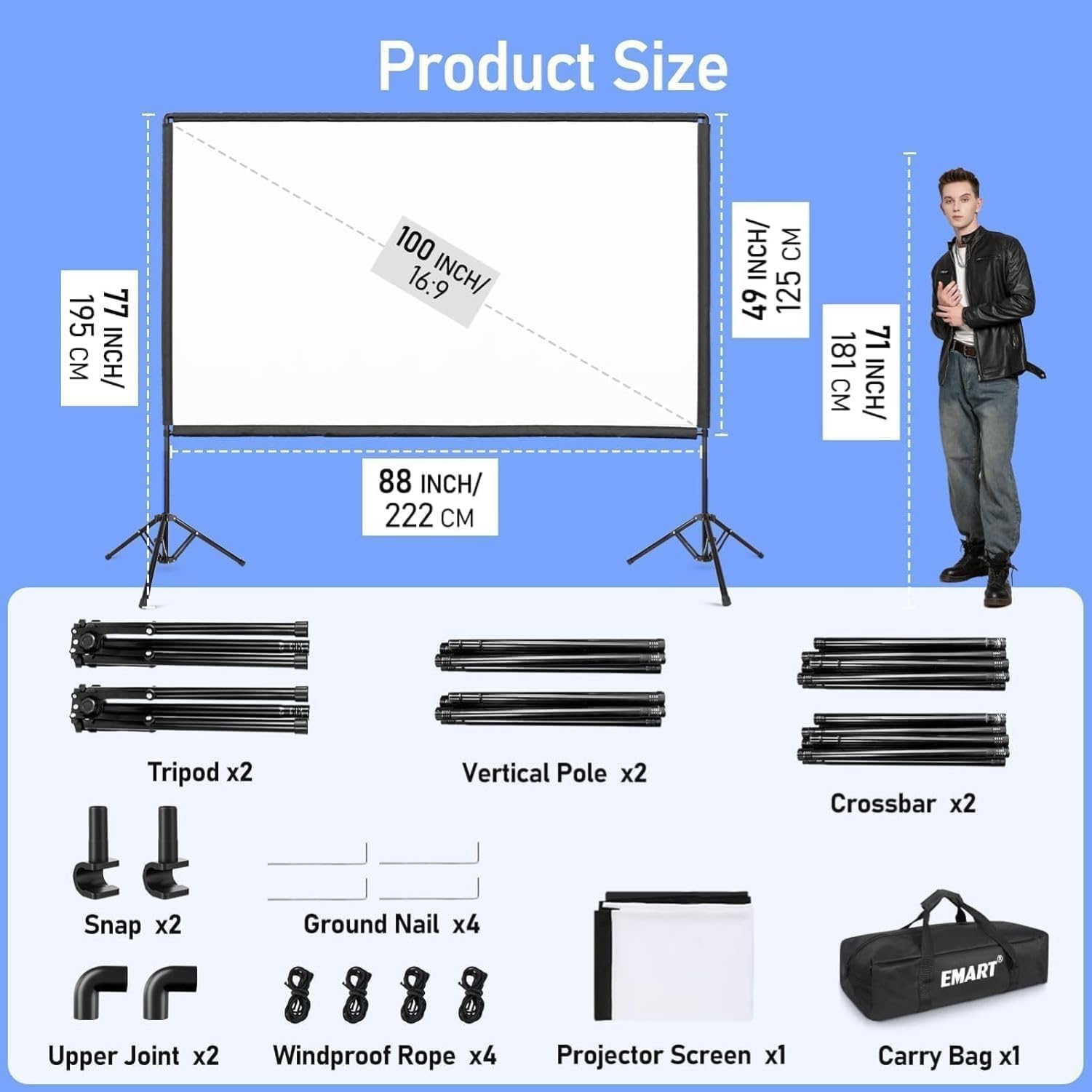 Beamer Leinwand mit Stativ 100 Zoll EMART Tragbar Projektor Leinwand 16:9HD | Projector Screen 4K, Leinwand Beamer mit Ständer, Tragetasche, Theater, Heimkino, Party