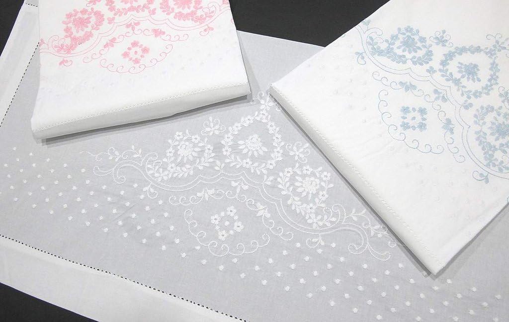 Juego de Sábanas Blancas para Cuna de Algodón 100% con Guirnalda Personalizable en Blanco, Azul o Rosa. (Guirnalda Bordada en Rosa)