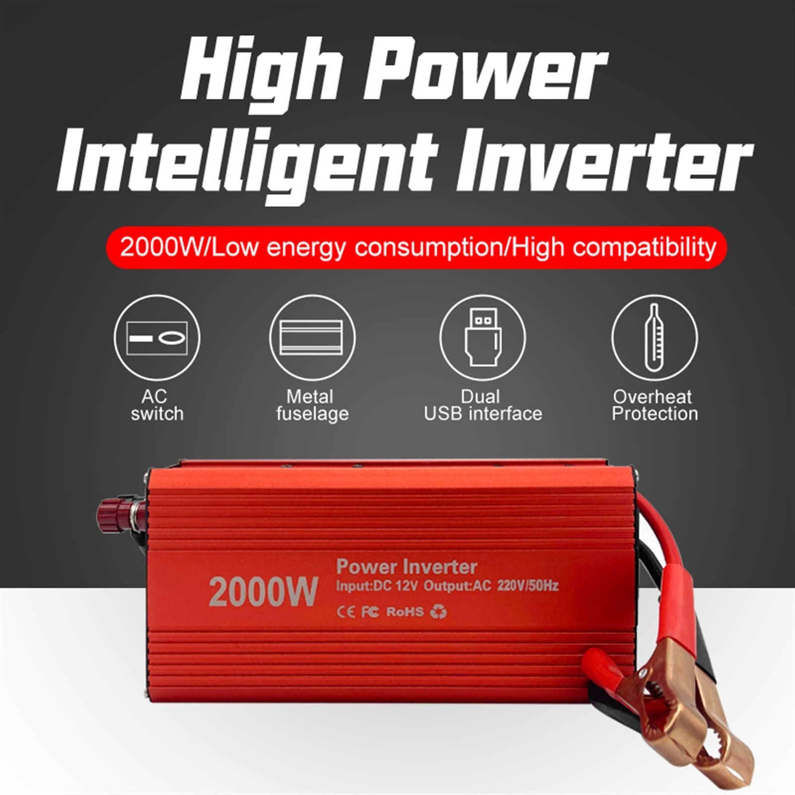 Falownik, Zmodyfikowany falownik sinusoidalny Przetwornica mocy 2000 W Zmodyfikowana fala sinusoidalna DC 12 V do 220 Transformator samochodowy Konwertuj przejściówkę gniazda ue Przejściówka ładowarki