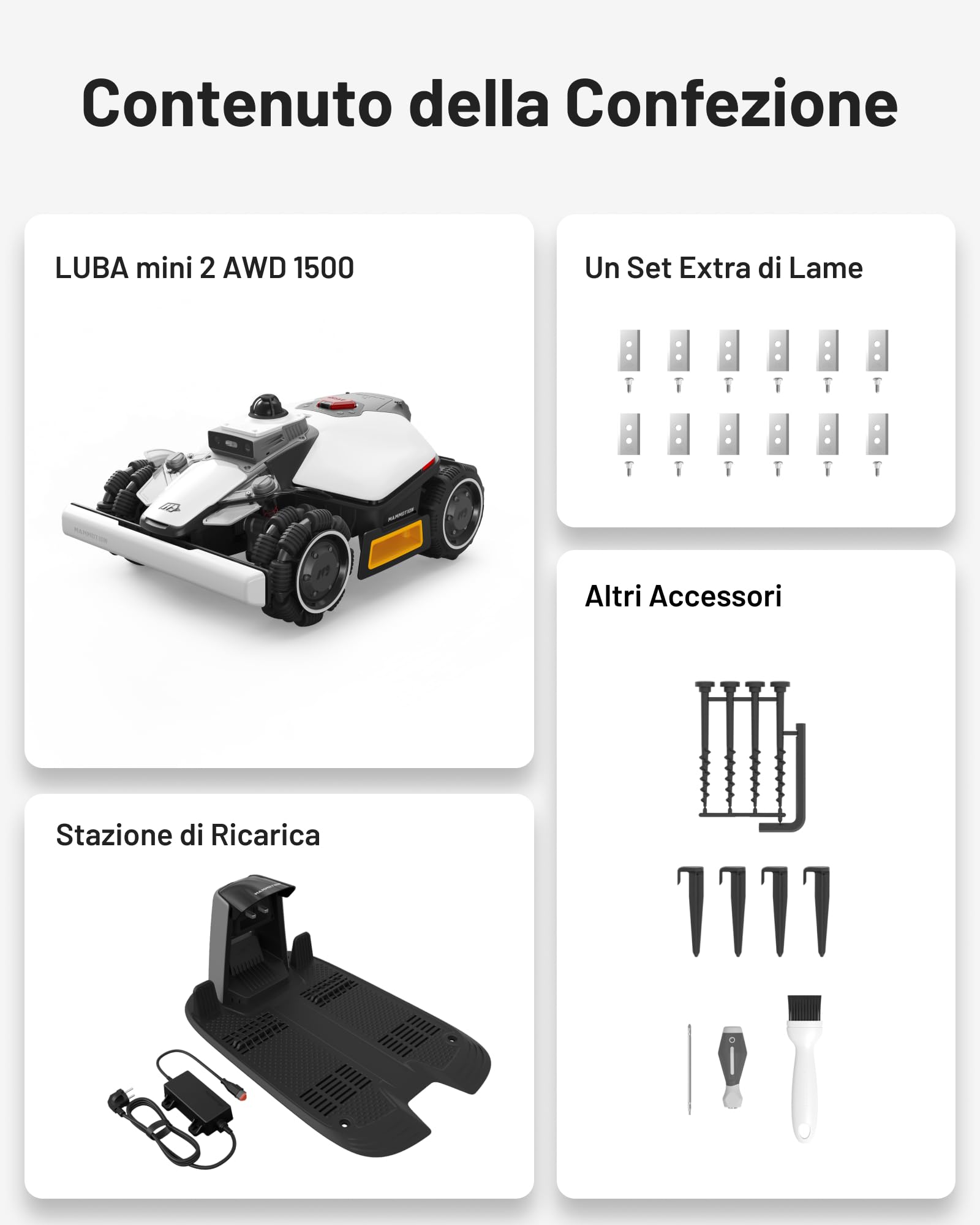 MAMMOTION LUBA mini 2 AWD 1500 Robot Tagliaerba, LiDAR 360° e Visione IA a Doppia Telecamera, senza Filo Perimetrale, senza RTK, AWD con 80% Pendenza, DropMow, Gestione Intelligente della Batteria
