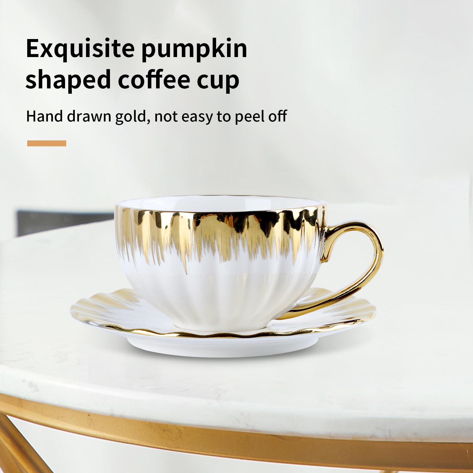 Teetassen und Untertassen, 6er Set (200 ml) mit Goldrand, Porzellan Cappuccino Tasse set, Mochatassen, Keramik Espressotasse, Kaffeeservice, Weiße Tasse